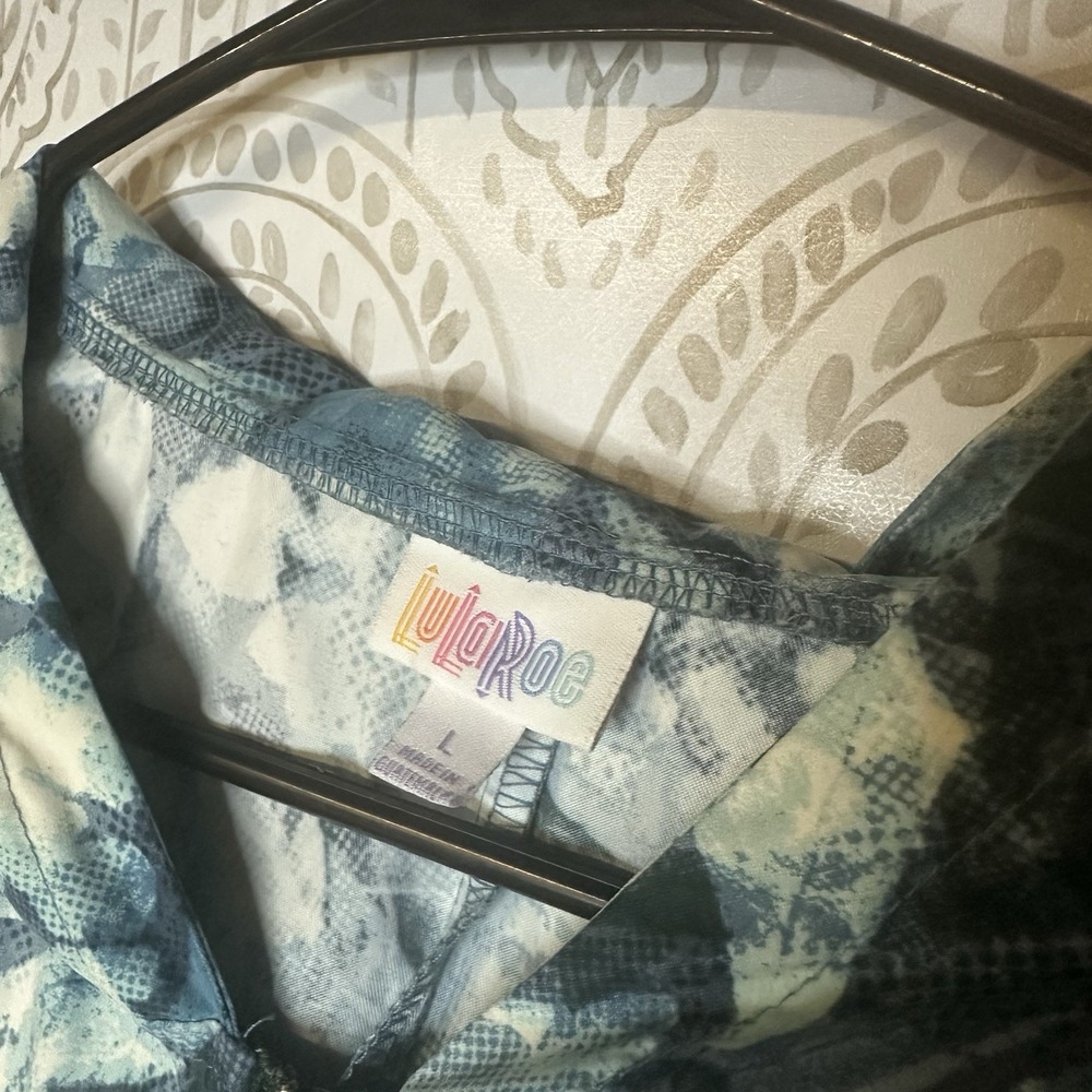 LuLaRoe Jackie Jacket Women's Size Large‎ Watercolor Blue Zip Up Hood Pockets - Picture 3 of 6